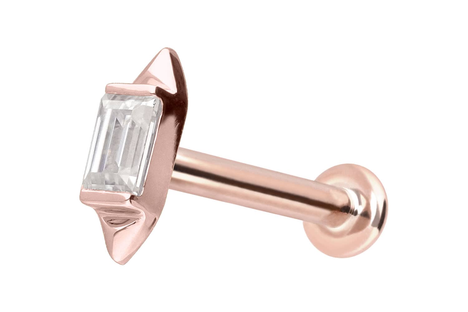 14 Karat Gold Labret Piercing mit Innengewinde MOISSANIT-RECHTECK + 2 SPITZEN